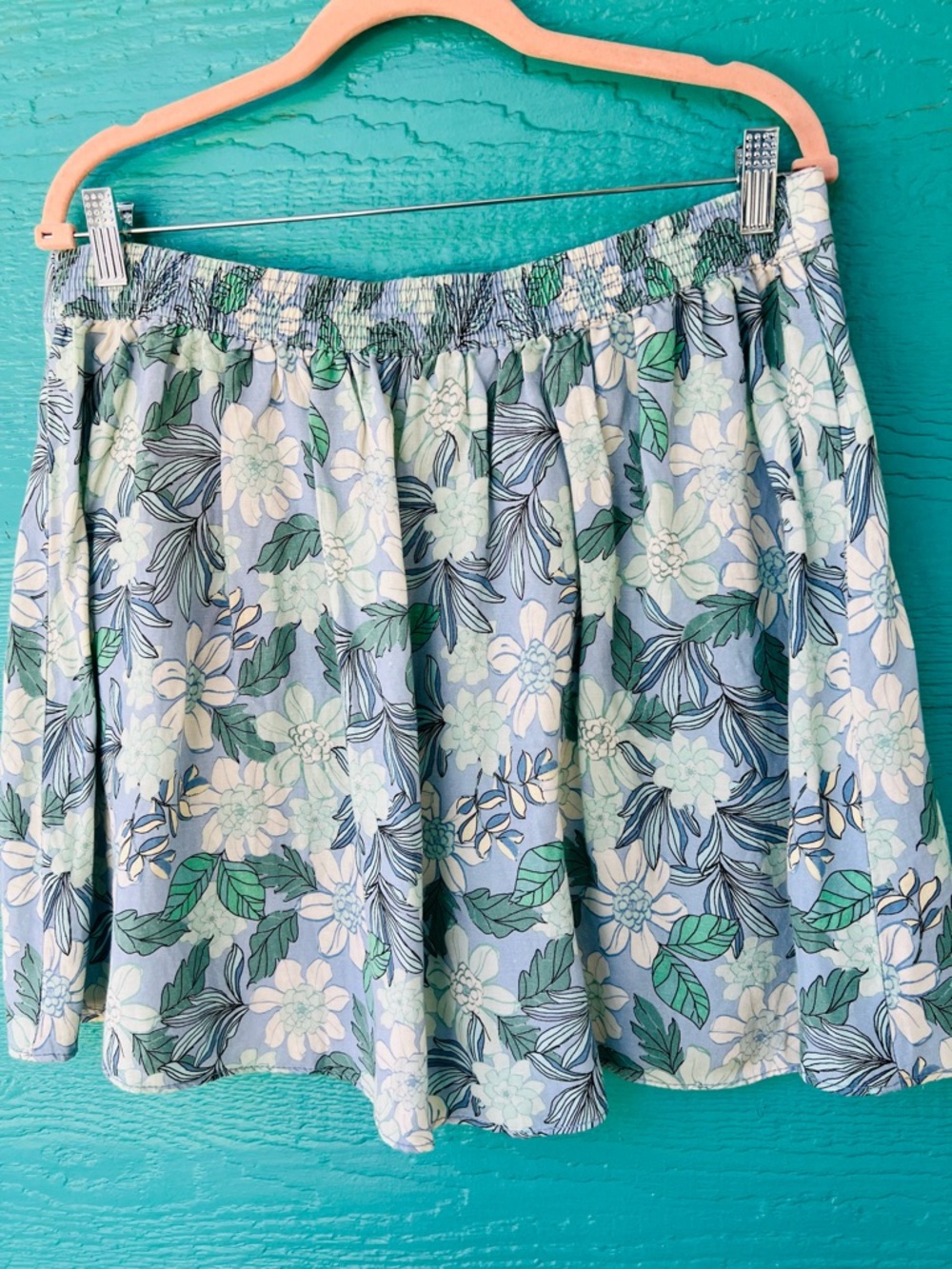 LOFT Linen Blend Floral Skirt Blue Green Pull-On Elastic Waist Size Large - Picture 8 of 8
